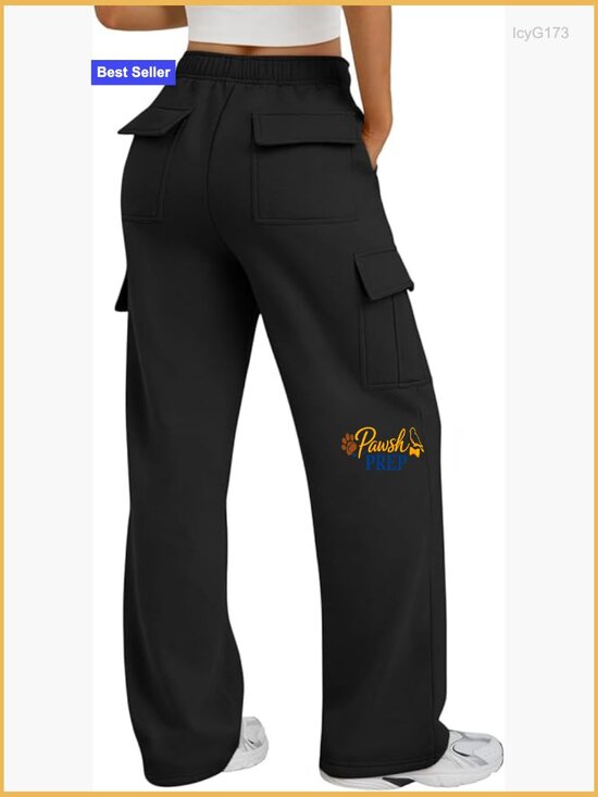 Pants - Wide Leg Cargo Sweatpants with 6 Pockets, Elastic Waist, Cotton Blend